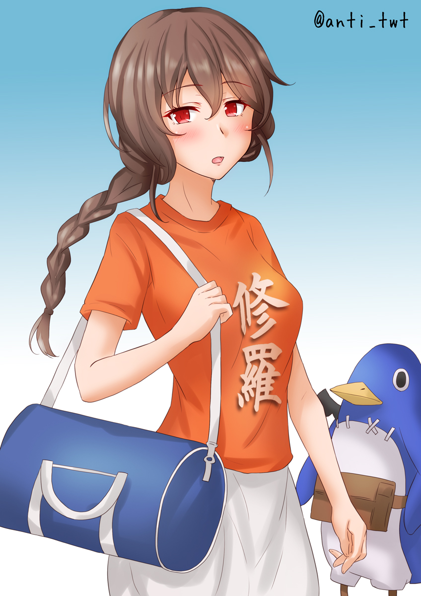 1girl anti_(untea9) bag blue_background braid brown_hair clothes_writing commentary_request cowboy_shot gradient gradient_background highres kantai_collection long_hair looking_at_viewer official_alternate_costume one-hour_drawing_challenge orange_eyes orange_shirt shirt single_braid skirt souya_(kancolle) standing t-shirt twitter_username white_background white_skirt