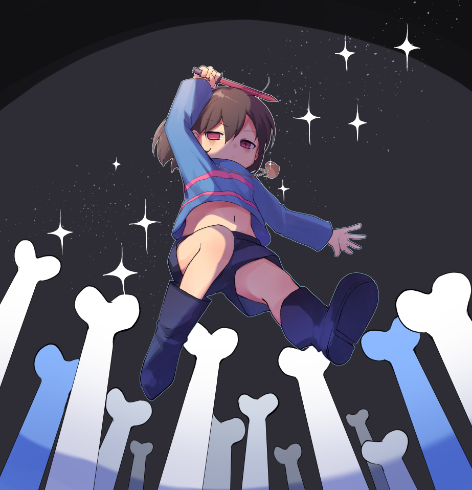 1other bangs black_background black_footwear black_shorts bone boots brown_hair closed_mouth frisk_(undertale) full_body hand_up holding holding_knife holding_weapon jumping kiyu_mashi knife long_sleeves looking_down navel purple_shirt red_eyes shirt short_hair shorts solo star_(sky) striped striped_shirt undertale weapon