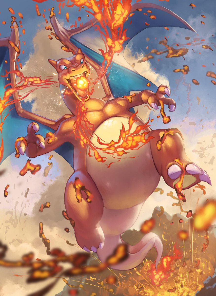 blue_eyes blurry breathing_fire charizard claws clouds commentary_request day fangs fire flying highres no_humans open_mouth outdoors pokemon pokemon_(creature) sky solo spareribs tongue