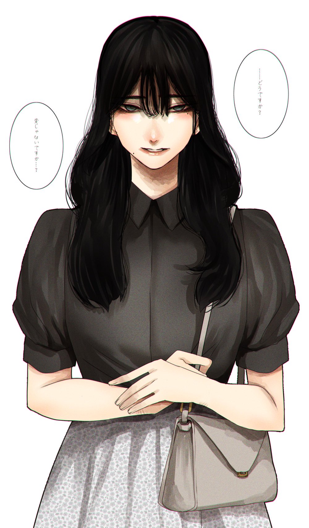 1girl bag bags_under_eyes black_hair collared_shirt eyeshadow green_eyes grey_shirt hair_over_shoulder highres hoshi_san_3 lipstick long_hair looking_at_viewer makeup mole mole_under_eye mole_under_mouth original own_hands_together parted_lips puffy_short_sleeves puffy_sleeves shirt short_sleeves shoulder_bag simple_background skirt smile solo translation_request upper_body white_background white_skirt wing_collar wrist_cutting