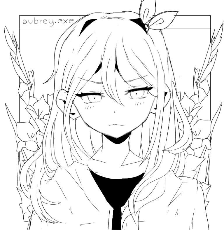 aubrey_(omori) black_shirt blush flower frown greyscale hair_between_eyes hair_ribbon half-closed_eyes jacket lain_(basilomori) lineart long_hair looking_at_viewer monochrome omori ribbon shirt upper_body white_background windows_desktop