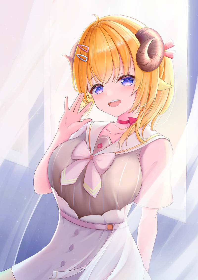 1girl :d animal_ears bangs blonde_hair blue_eyes breasts brown_shirt choker collarbone commentary_request curled_horns curtains eyebrows_visible_through_hair hair_ornament hairclip hand_up head_tilt hololive horns looking_at_viewer medium_breasts open_mouth red_choker sailor_collar sheep_ears sheep_horns shirt short_sleeves skirt slime_(09261377) smile solo transparent tsunomaki_watame upper_teeth virtual_youtuber white_sailor_collar white_skirt window