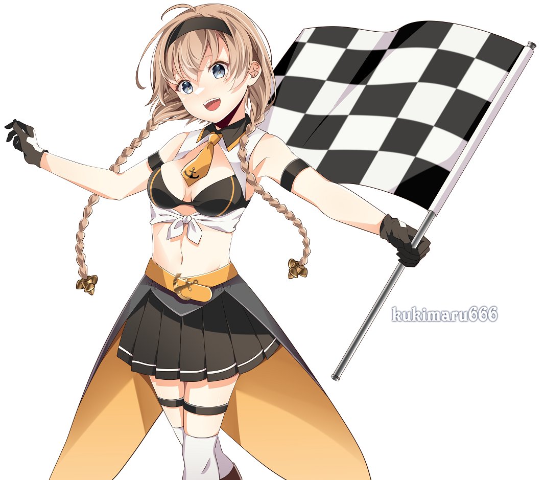 1girl anchor_symbol bare_shoulders black_bra black_gloves black_hairband black_skirt boots bra braid breasts brown_footwear checkered checkered_flag eyebrows_visible_through_hair flag gloves grey_eyes hair_ornament hairband holding holding_flag kantai_collection kukimaru light_brown_hair long_hair medium_breasts navel necktie open_mouth outstretched_arms pleated_skirt racequeen simple_background skirt sleeveless smile solo tagme teruzuki_(kancolle) thigh-highs twin_braids twitter_username underwear white_background white_legwear yellow_neckwear