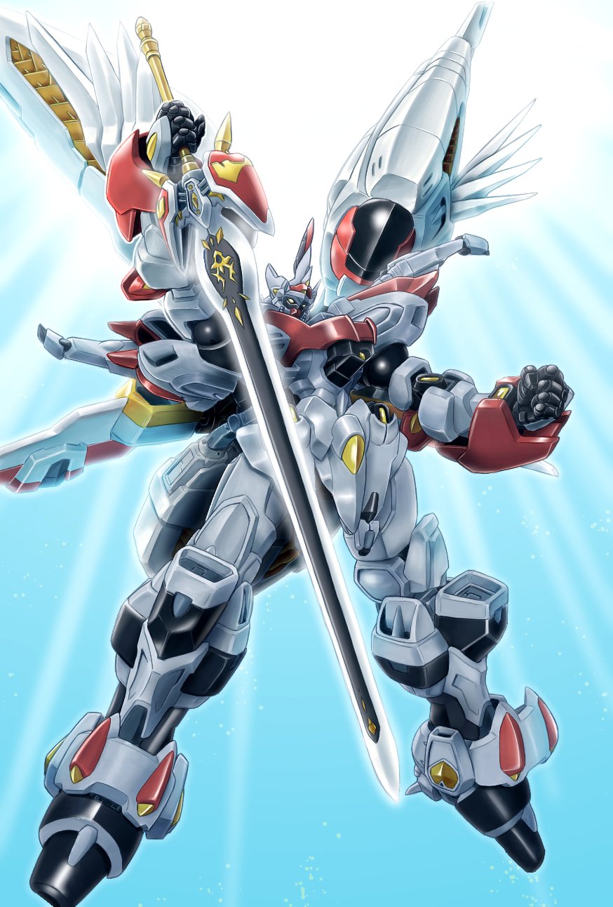 clenched_hand floating highres holding holding_sword holding_weapon looking_at_viewer mecha moukin_punch no_humans rayblade science_fiction seireiki_rayblade solo sunlight sword weapon yellow_eyes