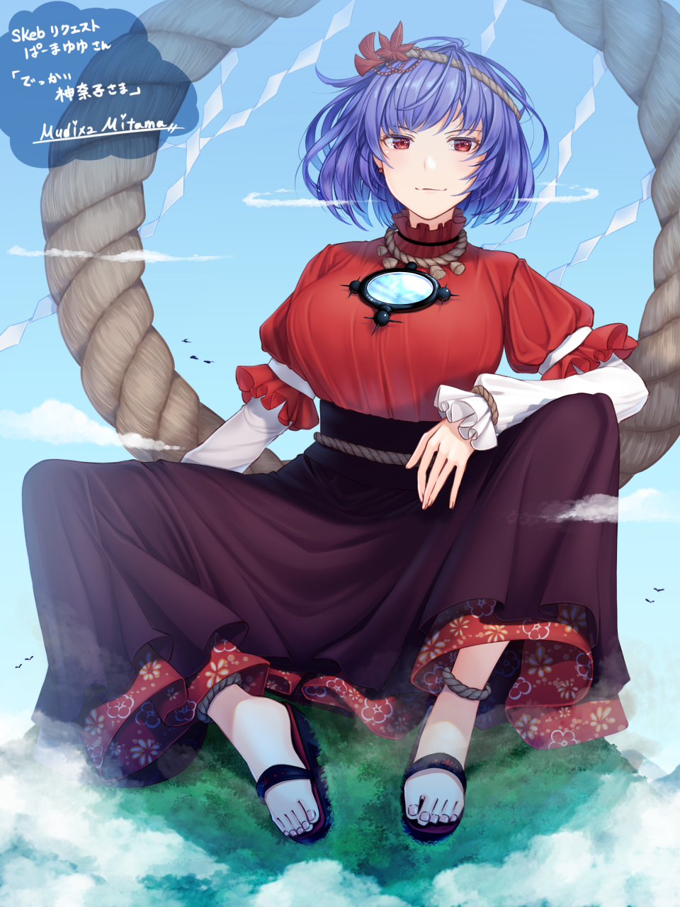 1girl ankleband artist_name bird breasts brown_skirt clouds commission hair_ornament headband high-waist_skirt highres large_breasts layered_sleeves leaf_hair_ornament light_smile long_skirt long_sleeves looking_at_viewer mirror mitama_mudimudi purple_hair red_eyes red_shirt red_skirt rope rope_belt rope_necklace sandals shide shimenawa shirt short_hair short_over_long_sleeves short_sleeves sitting skeb_commission skirt solo tassel touhou yasaka_kanako