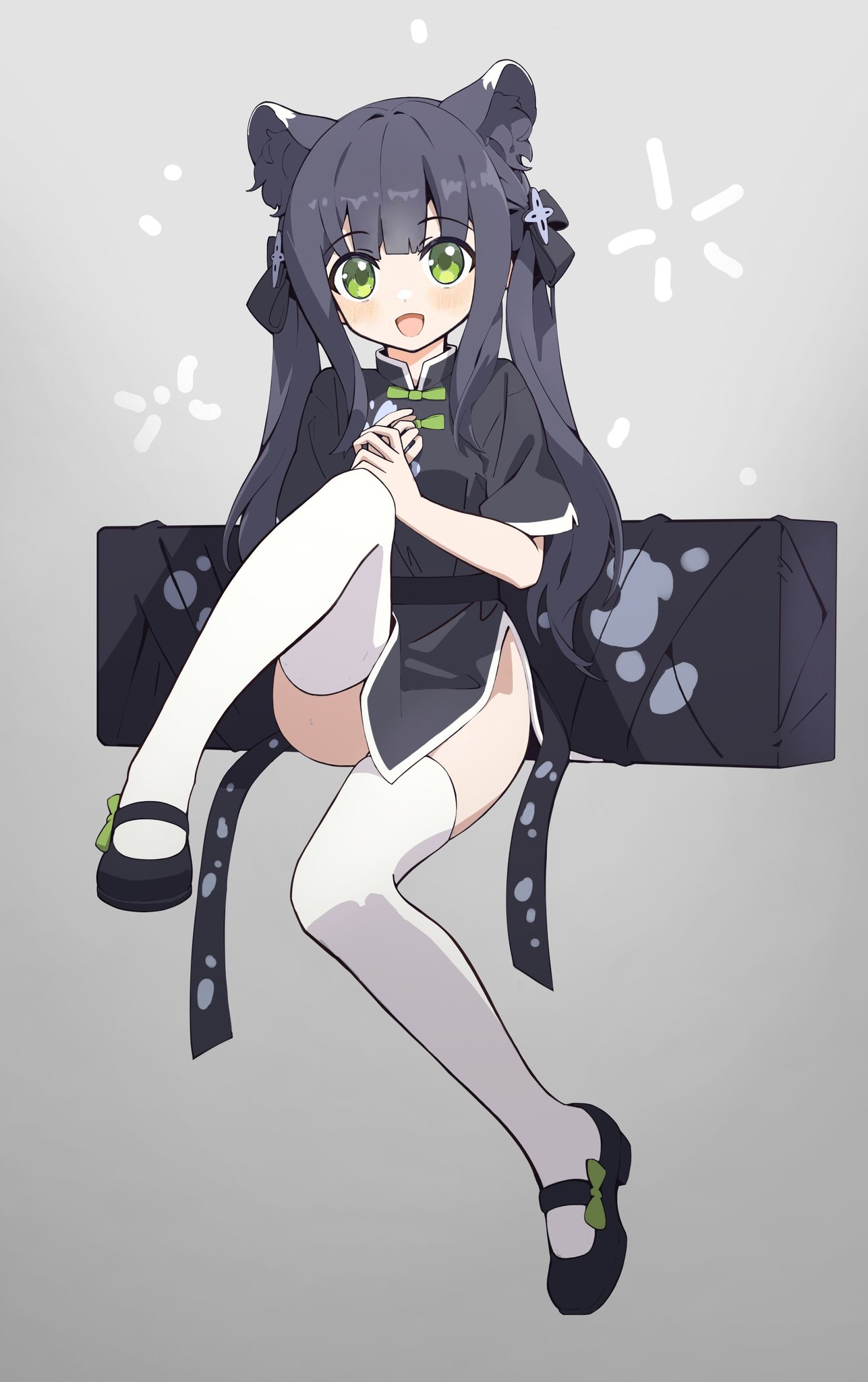 1girl animal_ear_fluff animal_ears bangs black_dress black_footwear black_hair blue_archive blunt_bangs china_dress chinese_clothes chunrijun_(springer) dress full_body green_eyes grey_background hands_together highres knee_up legs long_hair looking_back mary_janes open_mouth shoes short_sleeves shun_(blue_archive) simple_background sitting smile solo thigh-highs thighs tiger_ears tiger_girl twintails weapon_case white_legwear