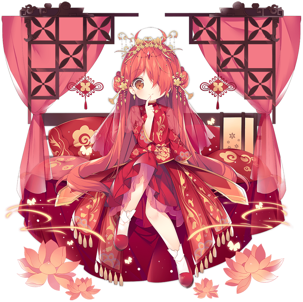 1girl ahoge ark_order bangs bed_frame bed_sheet bug butterfly butterfly_hair_ornament curtains double_bun dress earrings fenghuang_(ark_order) fire flower gold_trim hair_flower hair_ornament hair_stick jewelry long_hair long_sleeves looking_at_viewer official_art orange_eyes pillow red_dress red_footwear redhead sidelocks sitting smile socks solo tachi-e tassel transparent_background tsukimi_(xiaohuasan) very_long_hair white_legwear younger