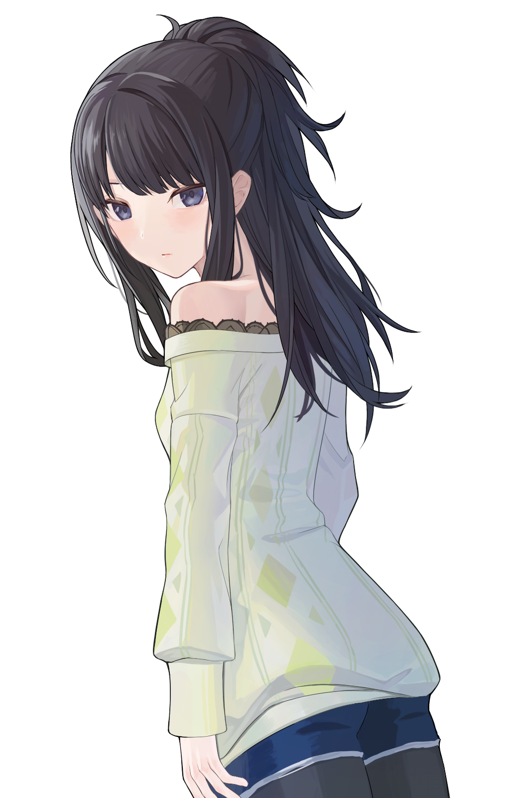 1girl bangs bare_shoulders black_hair black_legwear blue_shorts eyebrows_behind_hair gomibukurokarasu grey_eyes highres idolmaster idolmaster_shiny_colors kazano_hiori legwear_under_shorts long_hair looking_at_viewer looking_back off-shoulder_shirt off_shoulder shirt short_shorts shorts simple_background solo white_background white_shirt