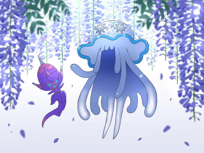 banned_artist blurry commentary_request flower full_body nihilego nin_(female) no_humans open_mouth petals poipole pokemon pokemon_(creature) purple_flower smile ultra_beast white_background
