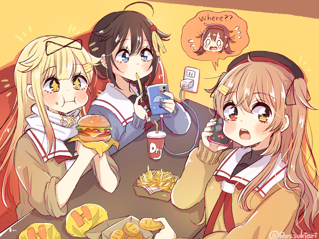 +_+ 3girls ahoge beige_sweater beret black_hair black_headwear blonde_hair blue_eyes blue_sweater braid brown_eyes burger cable calling cellphone charger charging_device commentary_request drink eating electric_plug electric_socket food french_fries hair_flaps hair_ornament hair_over_shoulder hat heterochromia kantai_collection long_hair multiple_girls murasame_(kancolle) phone recharging red_eyes remodel_(kantai_collection) ren_kun sailor_collar school_uniform serafuku shigure_(kancolle) shiratsuyu_(kancolle) single_braid sweater twitter_username upper_body white_sailor_collar yellow_sweater yuudachi_(kancolle)