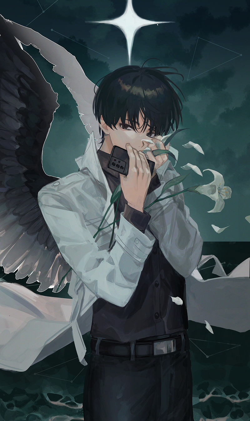 1boy belt black_belt black_eyes black_hair black_pants black_shirt coat commentary constellation cowboy_shot daenarys dok-ja_kim english_commentary feathered_wings flower highres holding holding_flower holding_phone lily_(flower) looking_at_viewer male_focus night night_sky north_star omniscient_reader's_viewpoint open_clothes open_coat outdoors pants petals phone shirt short_hair single_wing sky solo star_(sky) white_coat white_flower wings