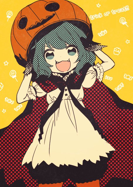1girl :3 adjusting_clothes adjusting_headwear alternate_costume animal_ears arms_up bad_id bad_tumblr_id bangs black_bow black_gloves black_neckwear black_ribbon bow cape cowboy_shot dot_nose english_text fang frilled_shirt_collar frills gloves green_eyes green_hair halftone halloween hand_on_headwear high_collar jack-o'-lantern kanitama_(putyourhead) kasodani_kyouko leaning_to_the_side looking_at_viewer muted_color open_mouth puffy_short_sleeves puffy_sleeves pumpkin_hat ribbon short_hair short_sleeves smile solo standing star_(symbol) straight-on swept_bangs tareme touhou trick_or_treat v-shaped_eyebrows yellow_background