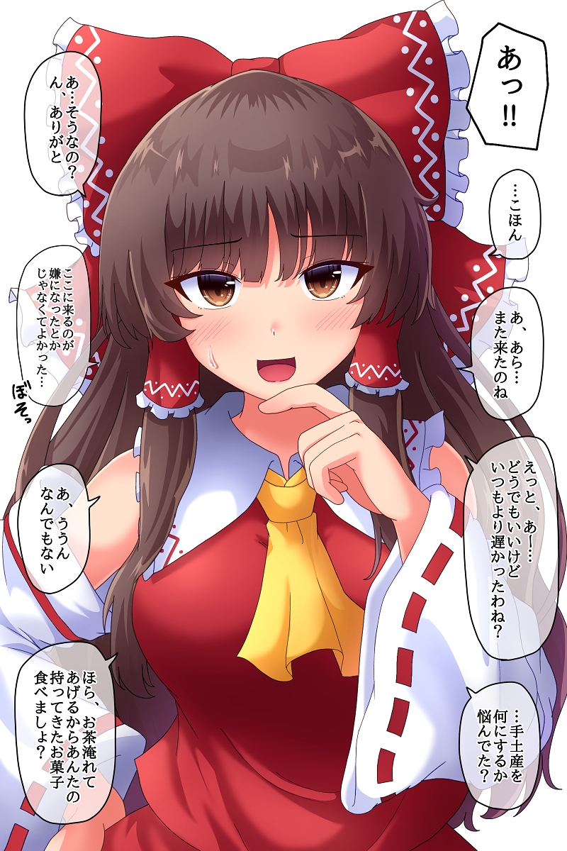 1girl ascot bangs bow breasts brown_eyes brown_hair commentary_request detached_sleeves eyebrows_visible_through_hair fusu_(a95101221) hair_bow hakurei_reimu hand_on_hip highres long_hair looking_at_viewer medium_breasts open_mouth simple_background smile solo speech_bubble touhou translation_request white_background wide_sleeves yellow_neckwear