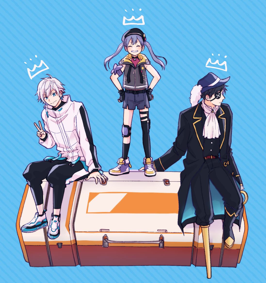 1girl 2boys ^_^ apex_legends beret black_headwear black_jacket blue_background blue_eyes blue_skirt closed_eyes crazy_raccoon eto_(etupirkadr) hair_behind_ear hat hook_hand jacket knee_pads mondo_(crazy_raccoon) multiple_boys nijisanji one_eye_covered peg_leg pirate reignite single_knee_pad single_thighhigh sitting skirt sleeveless sleeveless_jacket smile tempplex thigh-highs v virtual_youtuber white_hair white_jacket yuuki_chihiro