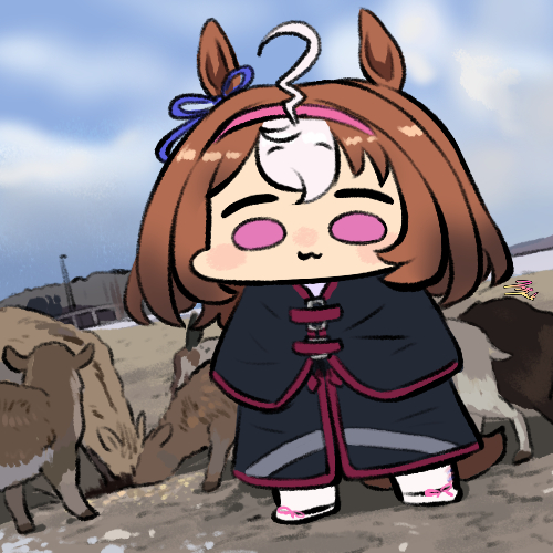 1girl :3 adapted_costume ahoge brown_hair chibi coat commentary cosplay goat hairband horse_girl horse_tail jazz_jack lowres meisho_doto_(racehorse) meisho_doto_(racehorse)_(cosplay) meisho_doto_(umamusume) multicolored_hair namesake photo-referenced pink_eyes pink_hairband real_life scene_reference short_hair tail two-tone_hair umamusume white_hair