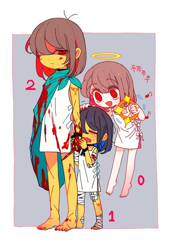 3girls angel aqua_cape bandages black_hair blood blue_cape brown_hair cape chara_(undertale) closed_eyes closed_mouth crying deltarune floating frisk_(undertale) full_body half-closed_eyes halo holding holding_another's_arm kris_(deltarune) looking_at_another looking_at_viewer multiple_girls one_eye_covered open_mouth red_eyes shiny shirt simple_background smile soseji_(tjduswjd) standing teardrop tears undertale white_background white_shirt