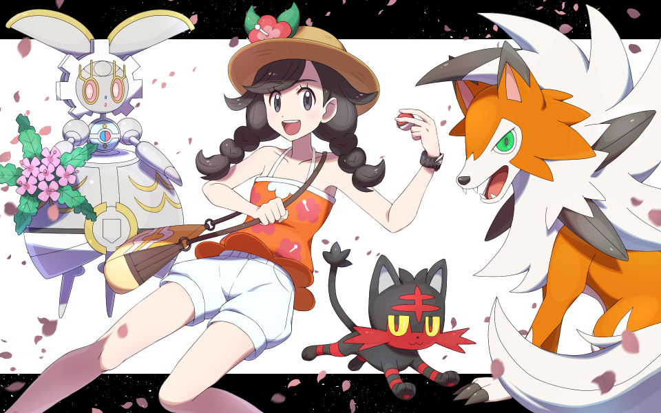 1girl :d bag banned_artist brown_hair collarbone commentary_request eyelashes floral_print flower hat hat_flower holding holding_poke_ball holding_strap leaf litten long_hair looking_at_viewer lycanroc lycanroc_(dusk) magearna mythical_pokemon nin_(female) open_mouth orange_shirt petals poke_ball poke_ball_(basic) pokemon pokemon_(creature) pokemon_(game) pokemon_usum selene_(pokemon) shirt shorts shoulder_bag sleeveless sleeveless_shirt smile tongue upper_teeth white_shorts