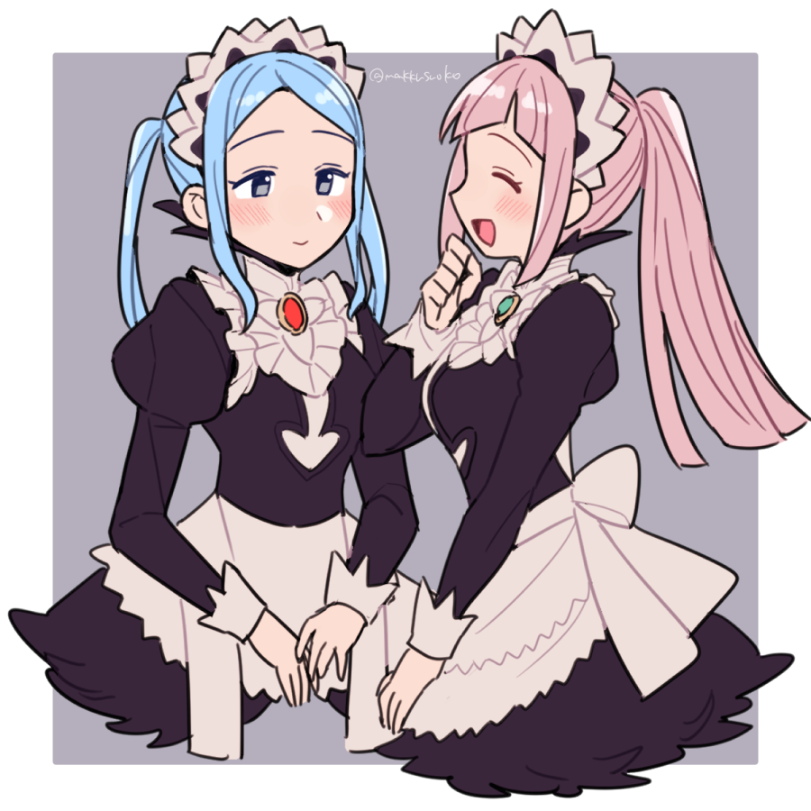 2girls apron black_dress blue_hair blush closed_eyes closed_mouth collar do_m_kaeru dress feather_trim felicia_(fire_emblem) fire_emblem fire_emblem_fates flora_(fire_emblem) forehead frilled_collar frills grey_eyes juliet_sleeves long_hair long_sleeves looking_at_another maid maid_headdress multiple_girls open_mouth pink_hair ponytail puffy_sleeves siblings sidelocks sisters smile straight_hair twins twintails twitter_username upper_body waist_apron white_apron