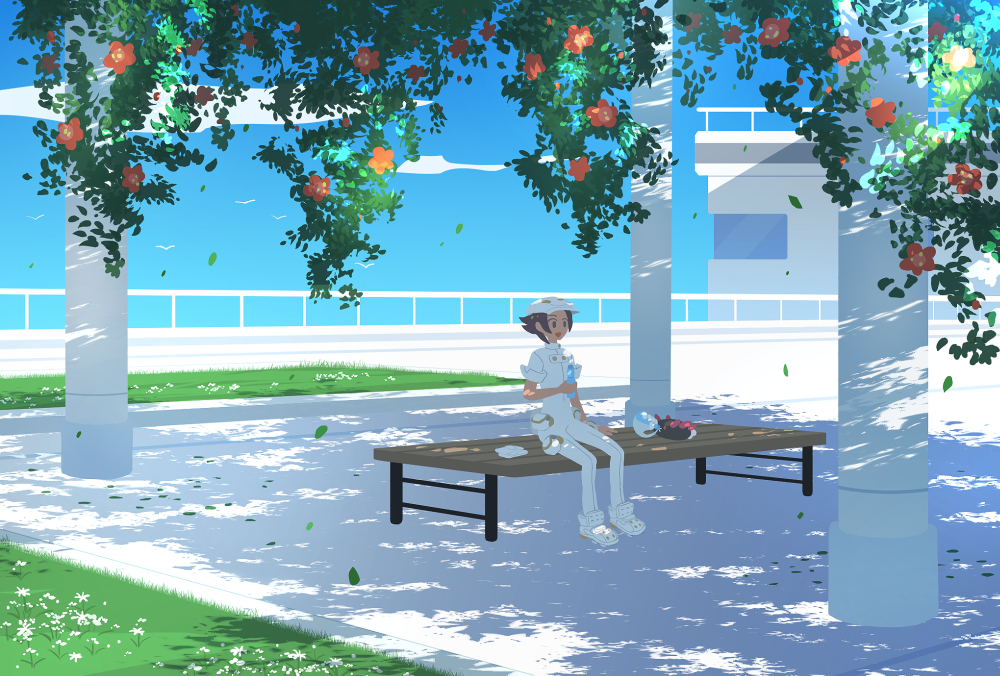1boy aether_foundation_employee banned_artist bench bird bottle brown_hair clouds commentary_request day flower hat holding holding_bottle jumpsuit leaves_in_wind male_focus nin_(female) open_mouth orange_flower outdoors pokemon pokemon_(game) pokemon_sm pyukumuku shoes short_hair sitting sky sleeves_rolled_up smile white_footwear white_headwear white_jumpsuit