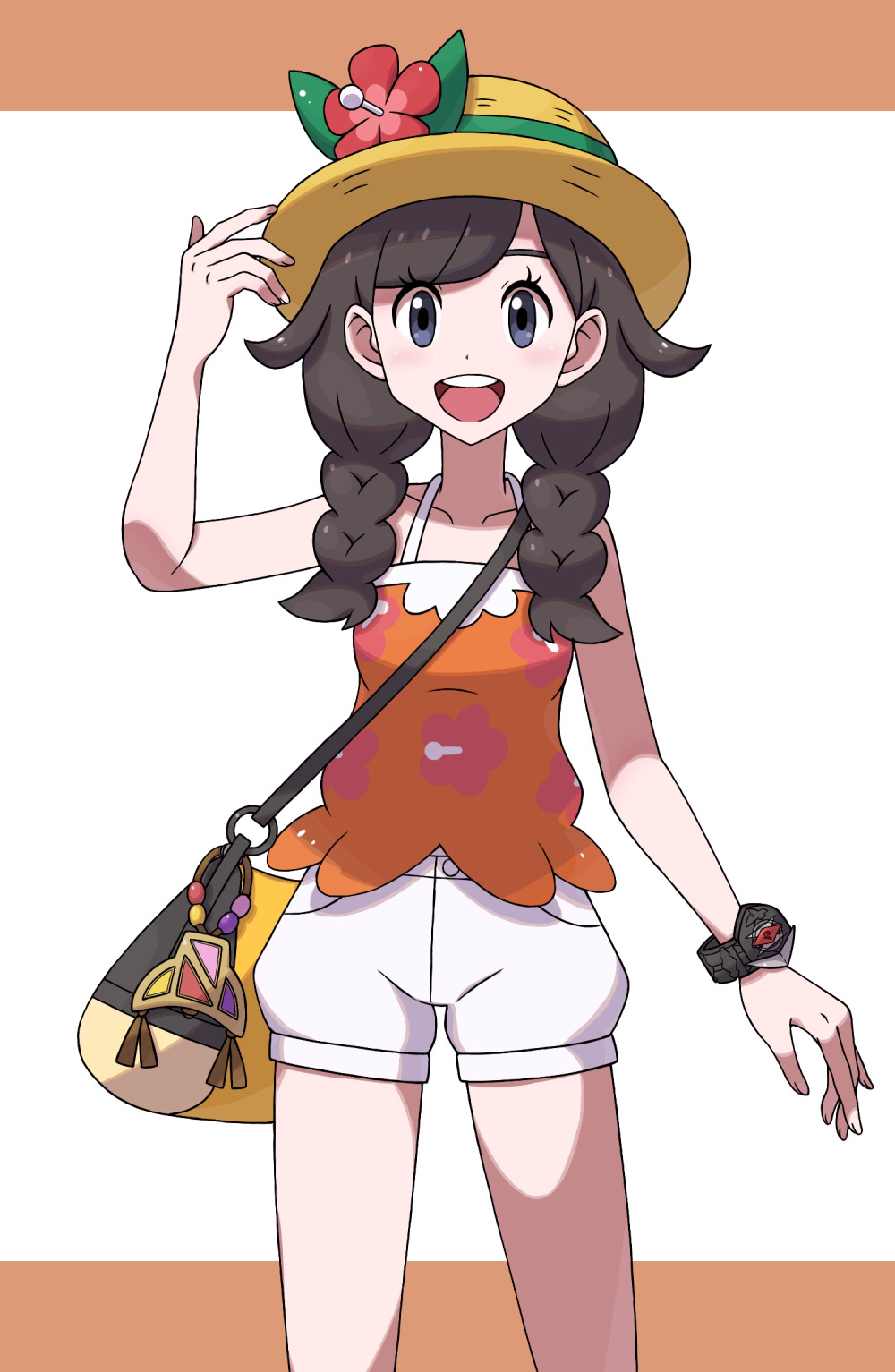 1girl :d bag bangs banned_artist bracelet braid brown_hair collarbone commentary_request eyelashes floral_print flower green_ribbon grey_eyes hand_on_headwear hand_up hat hat_flower hat_ribbon highres jewelry looking_at_viewer nin_(female) open_mouth orange_shirt pokemon pokemon_(game) pokemon_usum ribbon selene_(pokemon) shirt shorts shoulder_bag sleeveless sleeveless_shirt smile solo tongue twin_braids upper_teeth white_shorts yellow_bag yellow_headwear z-ring