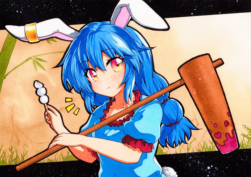 1girl ambiguous_red_liquid animal_ears blue_dress blue_hair dress ear_clip kine mallet qqqrinkappp rabbit_ears red_eyes seiran_(touhou) solo touhou traditional_media