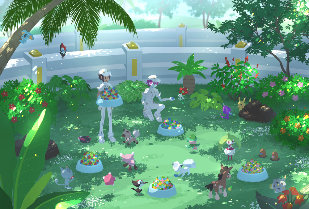 2boys aether_foundation_employee aether_foundation_employee_(cosplay) alolan_diglett alolan_form alolan_meowth alolan_vulpix banned_artist berry berry_(pokemon) bowl bush commentary_request cosplay dulse_(pokemon) floette floette_(red) flower fomantis food food_bowl grass hat holding jumpsuit kneeling komala male_focus minior mudbray multiple_boys nin_(female) pikachu pikipek poipole pokemon pokemon_(game) pokemon_usum pyukumuku red_flower rockruff shoes sleeves_rolled_up standing steenee stufful togedemaru tree ultra_beast white_footwear white_headwear white_jumpsuit