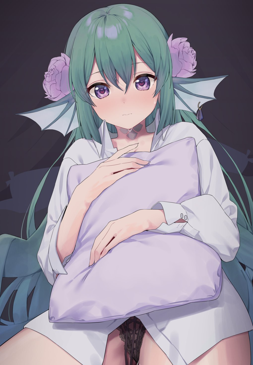 1girl bangs black_panties blush collared_shirt cross-laced_clothes cross-laced_panties dress_shirt finana_ryugu flower green_hair hair_between_eyes hair_flower hair_ornament heart heart_eyes highres long_hair long_sleeves looking_at_viewer nijisanji nijisanji_en object_hug panties pantyshot pillow pillow_hug purple_flower shirt solo sweat sweatdrop syhan underwear violet_eyes white_shirt