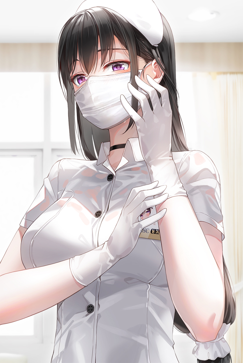 1girl bangs black_choker black_hair blush breasts brown_hair choker gloves hair_ornament hat highres id_card indoors kfr large_breasts long_hair looking_at_viewer mask mouth_mask nurse nurse_cap original pink_eyes short_sleeves solo surgical_mask upper_body violet_eyes virtual_youtuber white_gloves window