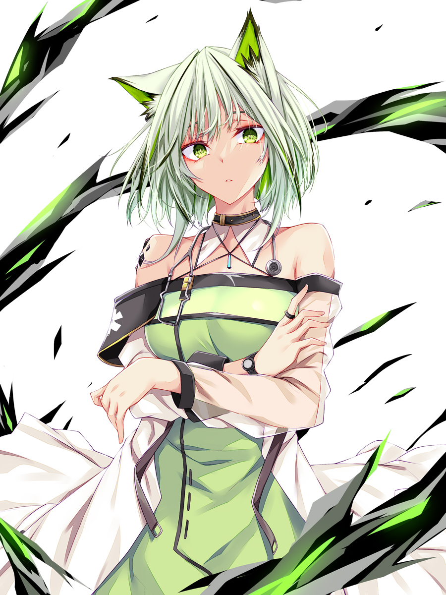 1girl animal_ear_fluff animal_ears arknights bangs cat_ears cat_girl closed_mouth crossed_arms dress green_dress green_eyes green_hair highres kal'tsit_(arknights) looking_at_viewer off-shoulder_dress off_shoulder oripathy_lesion_(arknights) short_hair solo suterii