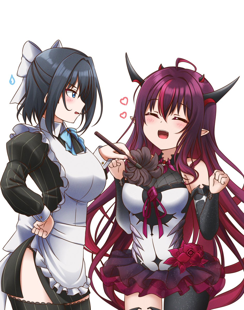 2girls alternate_costume annoyed apron bangs black_dress black_hair blue_bow blue_eyes blush bow breasts clenched_hands dress english_commentary enmaided heart highres holding_duster hololive hololive_english horns irys_(hololive) jan_azure juliet_sleeves large_breasts long_hair long_sleeves maid maid_apron medium_breasts multiple_girls multiple_horns open_mouth ouro_kronii pointy_ears puffy_sleeves pun purple_skirt short_hair single_legging single_thighhigh skirt smile thigh-highs virtual_youtuber
