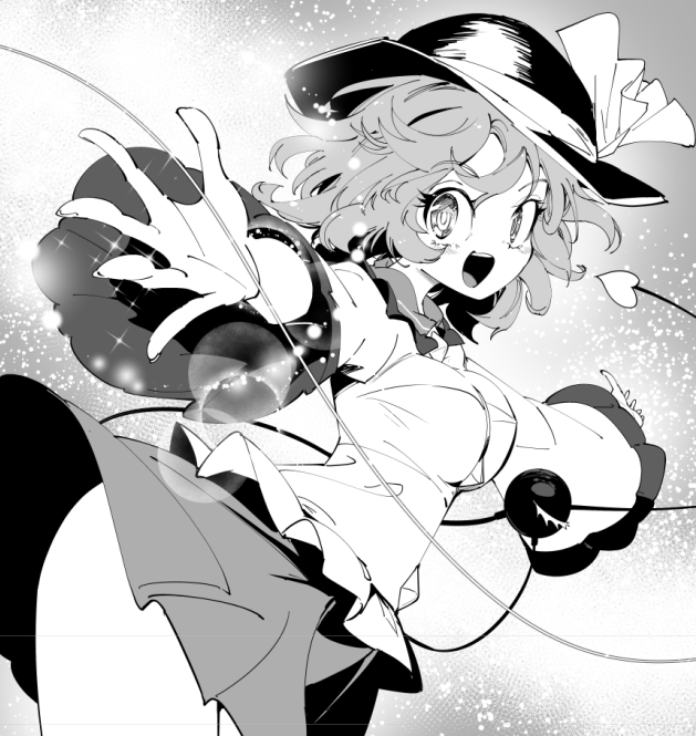 1girl airplane_arms breasts cowboy_shot fifiruu foreshortening frilled_shirt_collar frilled_sleeves frills greyscale hat hat_ribbon komeiji_koishi lens_flare light_particles medium_breasts monochrome outstretched_arms ribbon short_hair solo spread_arms third_eye touhou wavy_hair wide_sleeves
