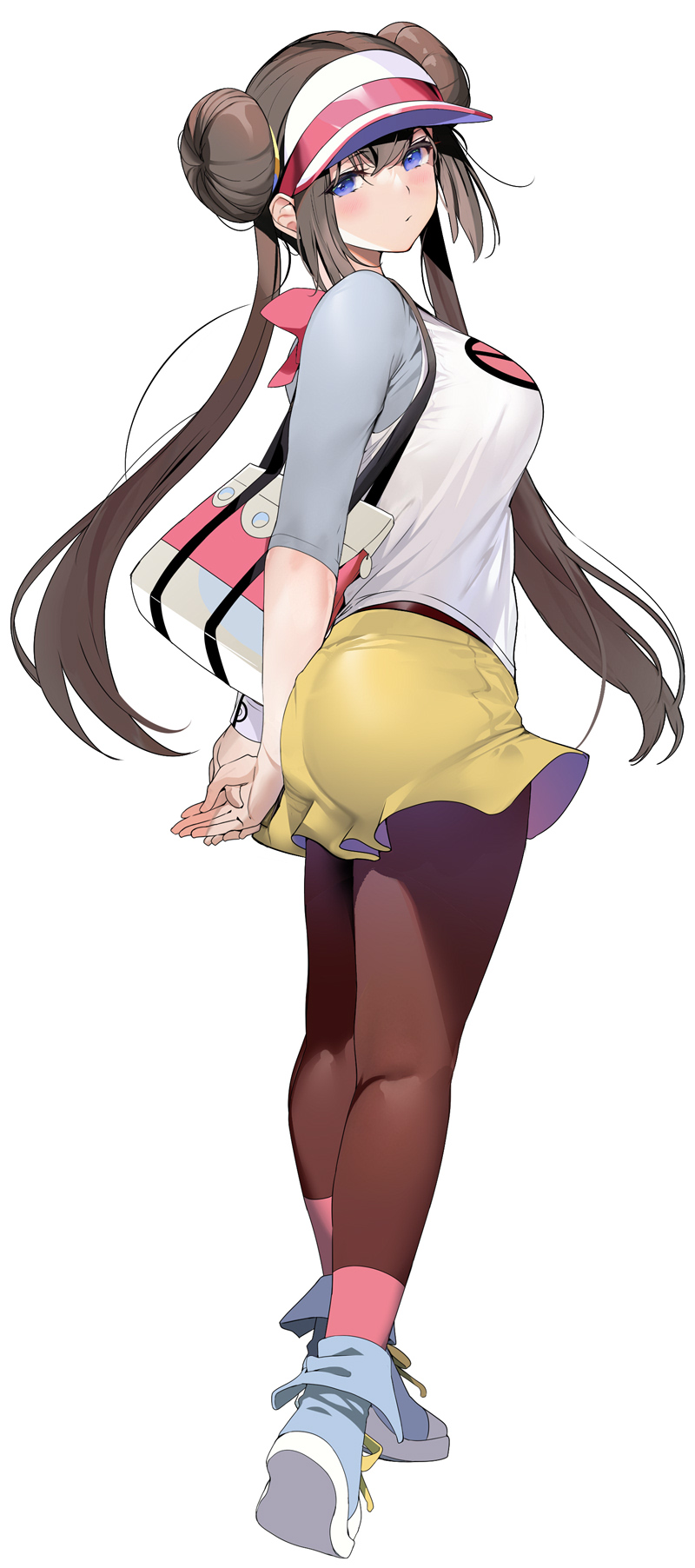 1girl bag blue_eyes blue_footwear breasts brown_hair brown_legwear closed_mouth double_bun from_behind full_body highres holding holding_bag long_hair looking_at_viewer marushin_(denwa0214) medium_breasts pantyhose pokemon pokemon_(game) pokemon_bw2 raglan_sleeves rosa_(pokemon) shoes shorts simple_background solo standing twintails visor_cap white_background yellow_shorts