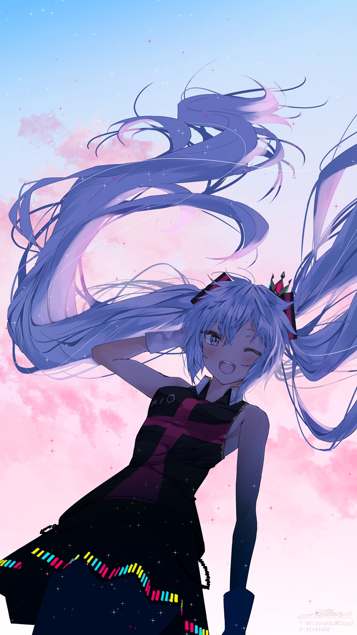 1girl ;d bangs black_dress blue_eyes blue_hair blue_sky blush breasts clouds cloudy_sky collared_dress commentary day dress eyebrows_visible_through_hair floating_hair gloves hair_between_eyes hand_up hatsune_miku highres kimagure_mercy_(vocaloid) long_hair one_eye_closed outdoors shirubaa sky sleeveless sleeveless_dress small_breasts smile solo teeth twintails upper_teeth very_long_hair vocaloid white_gloves