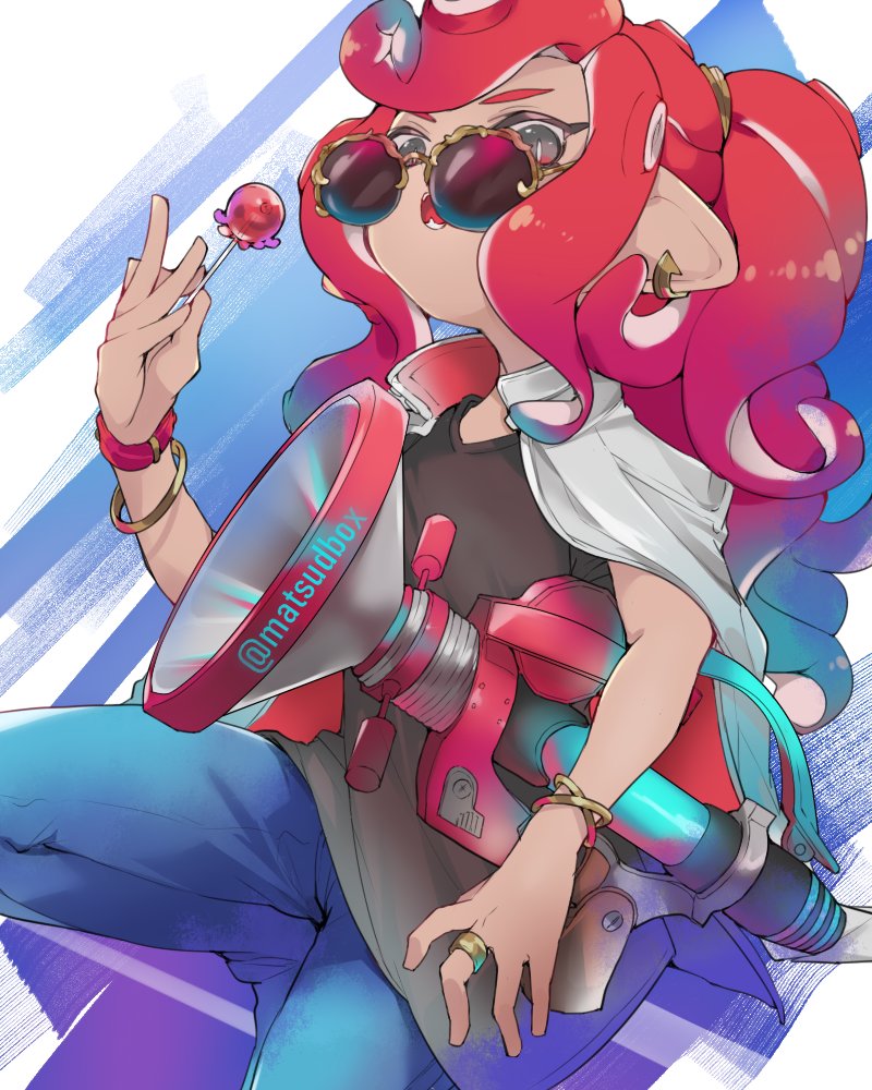 1girl blue_pants bracelet candy denim food glasses grey_eyes grey_shirt gun holding holding_gun holding_weapon jacket jeans jewelry lollipop long_hair looking_at_viewer matsushita_(matsudbox) octoling open_mouth pants pink_hair purple_background ring shirt solo splatoon_(series) splatoon_2 splatoon_2:_octo_expansion tentacle_hair tied_hair weapon white_background white_jacket