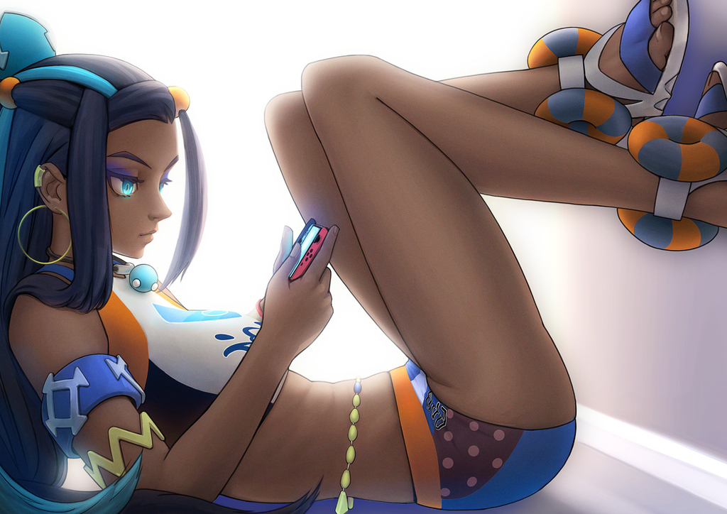 1girl armlet belly_chain bike_shorts black_hair blue_eyes blue_eyeshadow blue_hair closed_mouth commentary dark-skinned_female dark_skin earclip earrings eyelashes eyeshadow from_side hair_bun handheld_game_console holding holding_handheld_game_console hoop_earrings jewelry long_hair makeup mkitho multicolored_hair necklace nessa_(pokemon) nintendo_switch pokemon pokemon_(game) pokemon_swsh sandals solo two-tone_hair white_footwear