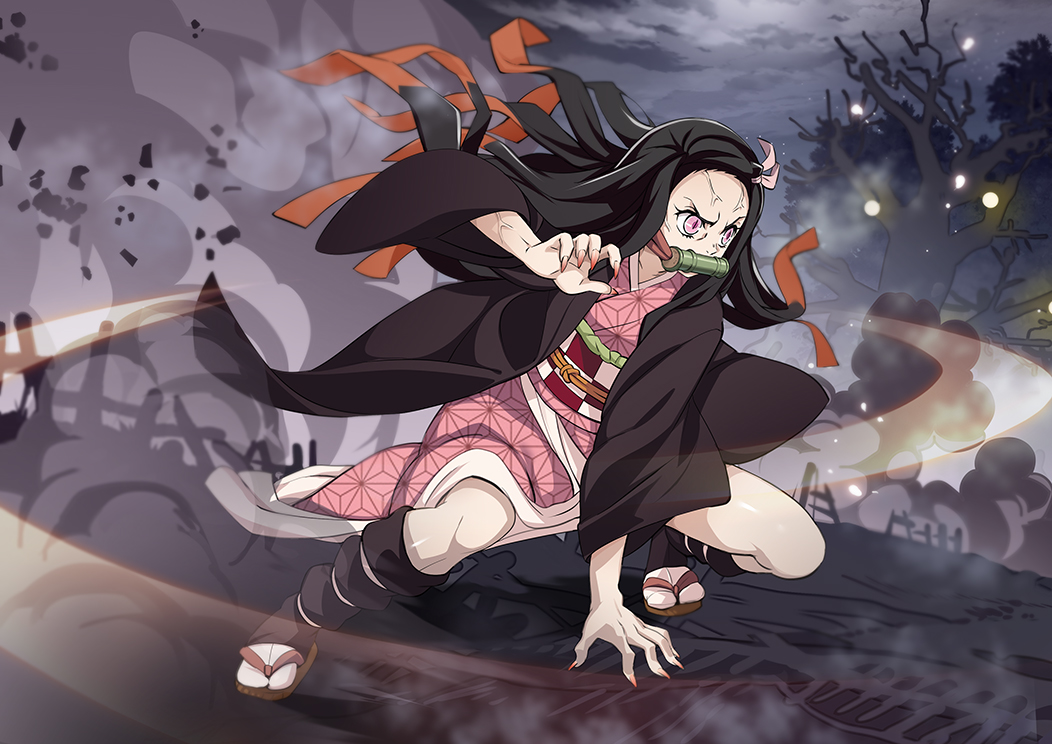 1girl arm_support bamboo bit_gag black_hair checkered_obi debris fighting_stance fingernails full_body gag japanese_clothes kamado_nezuko kimetsu_no_yaiba kimono kneehighs long_hair moon mouth_hold multicolored_hair night nyoro_(nyoronyoro000) obi orange_hair outdoors pink_eyes pink_kimono pink_ribbon red_nails ribbon sandals sash sharp_fingernails slit_pupils solo squatting tabi two-tone_hair veins