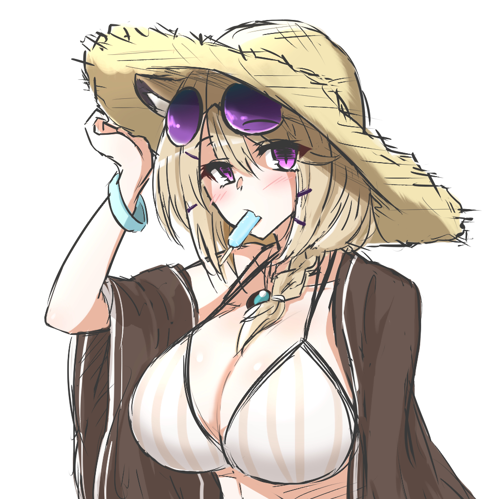 1girl adjusting_clothes adjusting_headwear animal_ear_fluff animal_ears arknights bare_shoulders between_breasts bikini black_shirt breasts commentary eyewear_on_head food food_in_mouth grey_bikini hair_over_shoulder hat large_breasts light_brown_hair long_hair maiq06 off_shoulder official_alternate_costume open_clothes open_shirt parted_lips popsicle shirt simple_background sketch solo stomach straw_hat striped striped_bikini sunglasses swimsuit tail upper_body utage_(arknights) utage_(summer_flowers)_(arknights) violet_eyes white_background