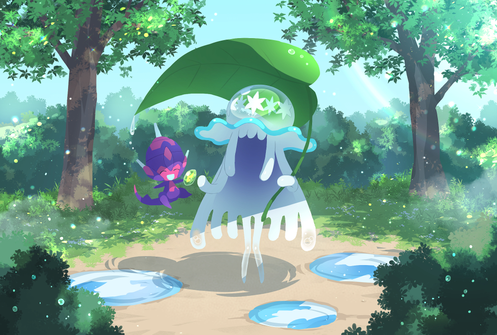 :d banned_artist closed_eyes commentary_request day grass holding holding_leaf leaf nihilego nin_(female) no_humans open_mouth outdoors poipole pokemon pokemon_(creature) puddle sky smile tree ultra_beast water