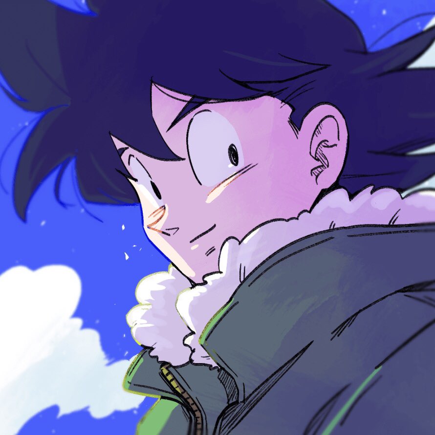 1boy backlighting black_eyes black_hair blue_sky blurry blurry_background close-up closed_mouth clouds cloudy_sky day depth_of_field dragon_ball dragon_ball_z face facing_viewer floating_hair fur-trimmed_jacket fur_trim green_jacket high_collar jacket kz_(dbz_kz) light_particles light_smile looking_back male_focus sideways_glance sky son_goku upper_body wind wind_lift winter_clothes zipper