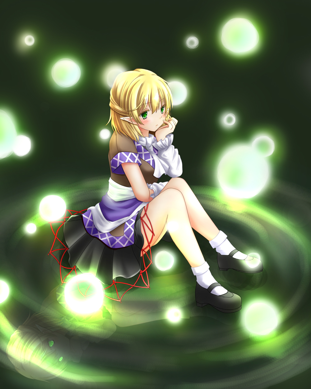 1girl arm_warmers bangs black_footwear black_skirt blonde_hair blush brown_shirt closed_mouth commentary_request frown full_body glowing glowing_eyes green_eyes half_updo highres knees_together_feet_apart looking_at_viewer mary_janes medium_hair mitsuki_(shuffle971) mizuhashi_parsee on_floor pointy_ears reflection reflective_floor sash scarf shirt shoes short_sleeves sitting skirt socks solo touhou white_legwear white_sash white_scarf