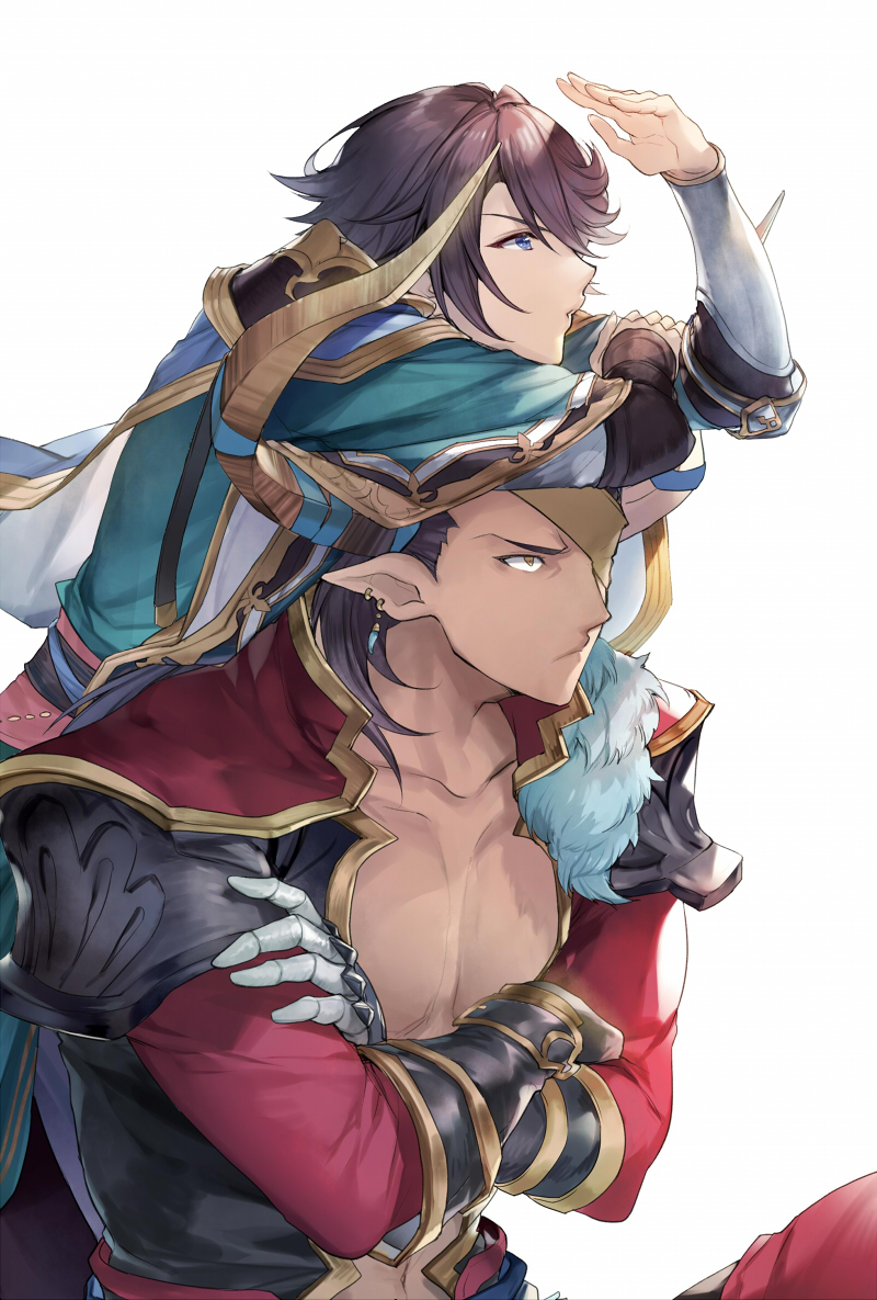 2boys achan_(blue_semi) black_hair cain_(granblue_fantasy) center_opening collarbone crossed_arms dark-skinned_male dark_skin draph ear_piercing earrings eyepatch gauntlets granblue_fantasy horns jewelry male_focus medium_hair multiple_boys navel on_head person_on_head piercing pointy_ears reinhardtzar shading_eyes short_hair simple_background upper_body v-shaped_eyebrows white_background