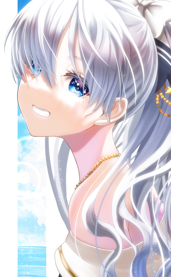 1girl anastasia_(fate) anastasia_(swimsuit_archer)_(fate) bangs bare_shoulders blue_eyes blush bow breasts fate/grand_order fate_(series) grin hair_bow hair_over_one_eye jewelry large_breasts long_hair looking_at_viewer necklace ponytail silver_hair smile solo totororo very_long_hair