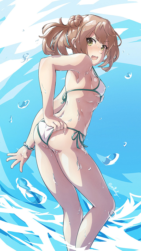1girl arthur_ko ass bikini breasts double_bun feet_out_of_frame from_behind kantai_collection light_brown_hair looking_at_viewer looking_back michishio_(kancolle) open_mouth short_hair short_twintails side-tie_bikini small_breasts solo standing swimsuit twintails white_bikini