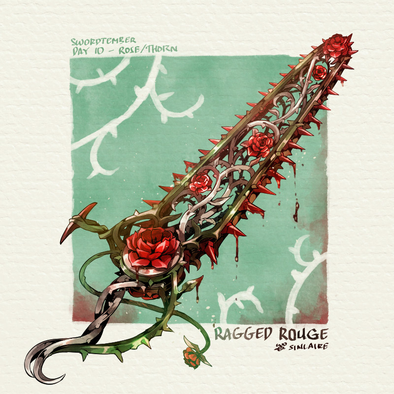 artist_name blood commentary english_commentary english_text fantasy flower green_background no_humans original red_flower rose simple_background sinlaire still_life sword thorns weapon weapon_focus weapon_request white_background