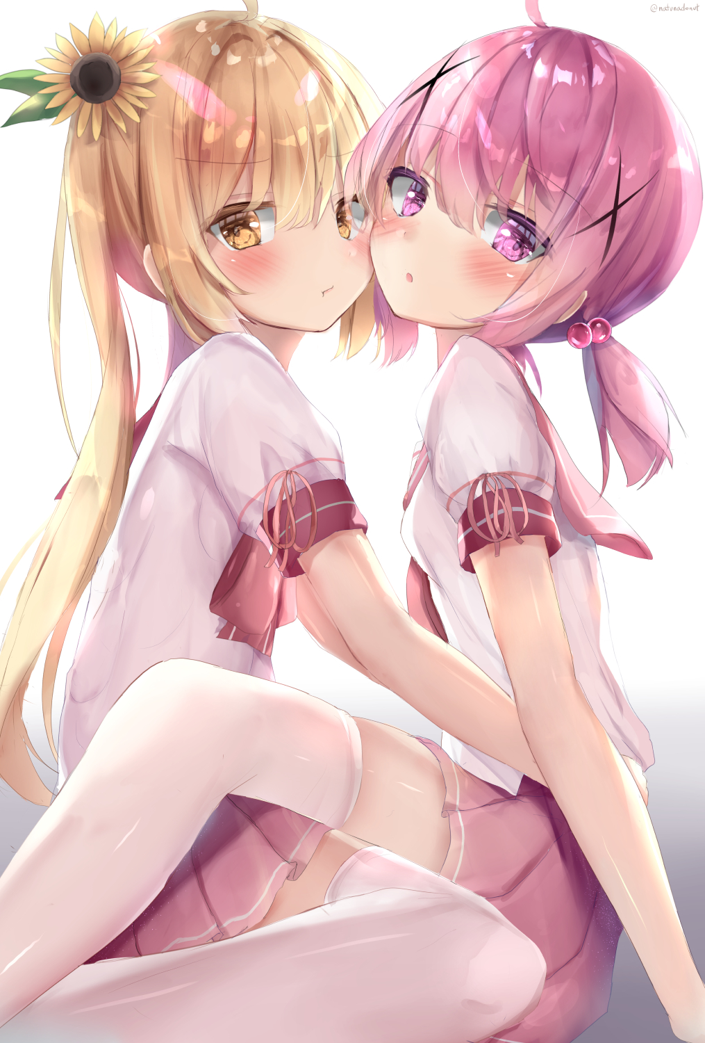 2girls :o :t ahoge bangs blonde_hair blush brown_eyes cheek-to-cheek closed_mouth commentary_request eyebrows_visible_through_hair flower hair_between_eyes hair_flower hair_ornament heads_together highres long_hair low_twintails multiple_girls natuna_natu original parted_lips pink_hair pink_sailor_collar pink_skirt pleated_skirt pout puffy_short_sleeves puffy_sleeves sailor_collar school_uniform serafuku shirt short_sleeves short_twintails skirt sunflower sunflower_hair_ornament thigh-highs twintails twitter_username very_long_hair violet_eyes white_background white_legwear white_shirt x_hair_ornament yellow_flower