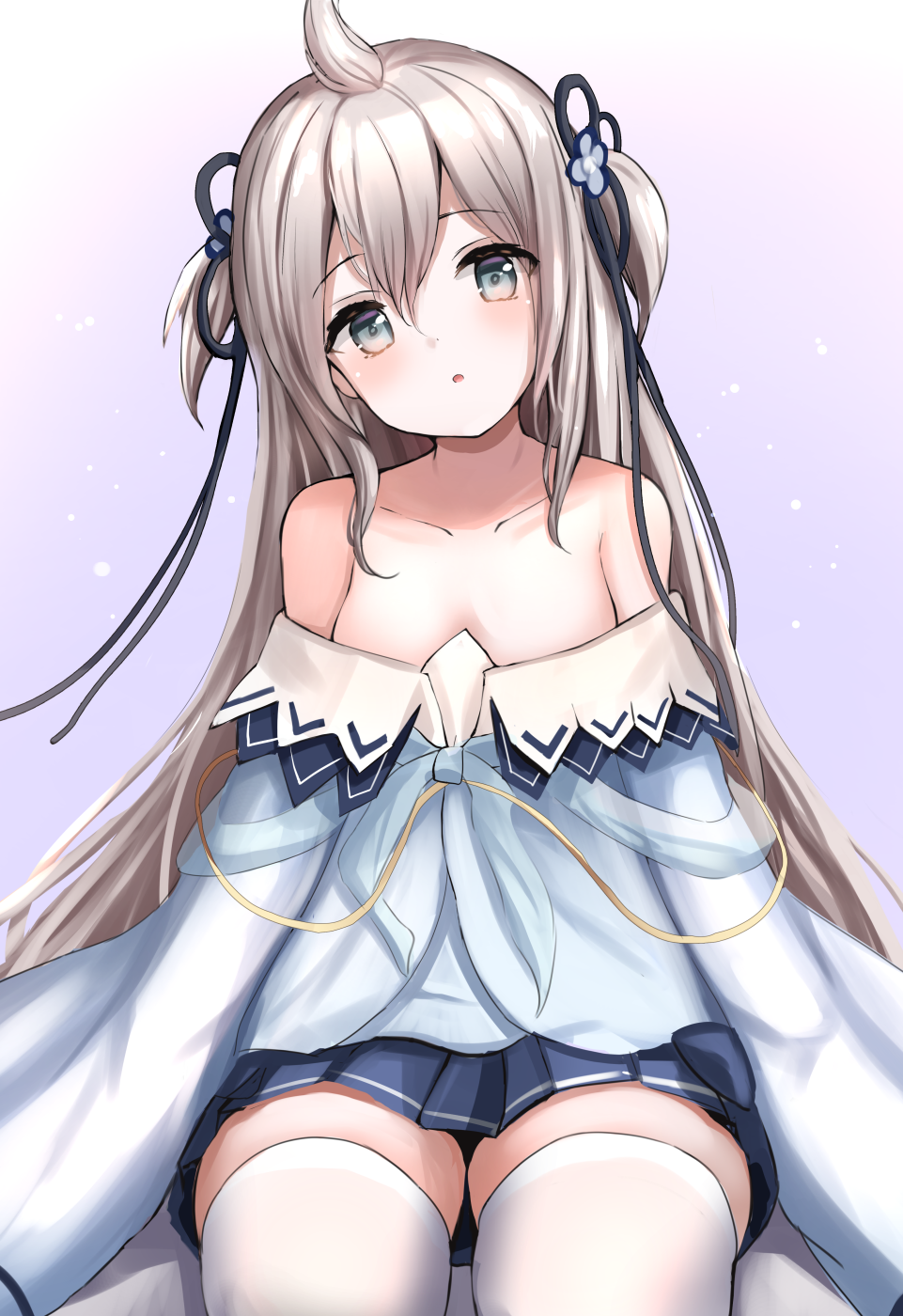 1girl ahoge azur_lane blush breasts collarbone commentary_request grey_eyes hair_between_eyes hair_ornament highres long_sleeves looking_at_viewer manda_(manda9n) open_mouth silver_hair simple_background sitting small_breasts solo thigh-highs umikaze_(azur_lane)