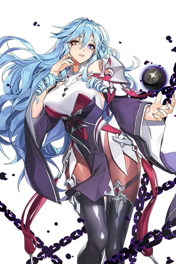 1girl alkyde_(soccer_spirits) blue_hair boots breasts catharsis_(soccer_spirits) chain dark_persona drill_hair high_heel_boots high_heels large_breasts long_hair looking_to_the_side orb pantyhose red_eyes soccer_spirits vakasatang violet_eyes white_background wizard