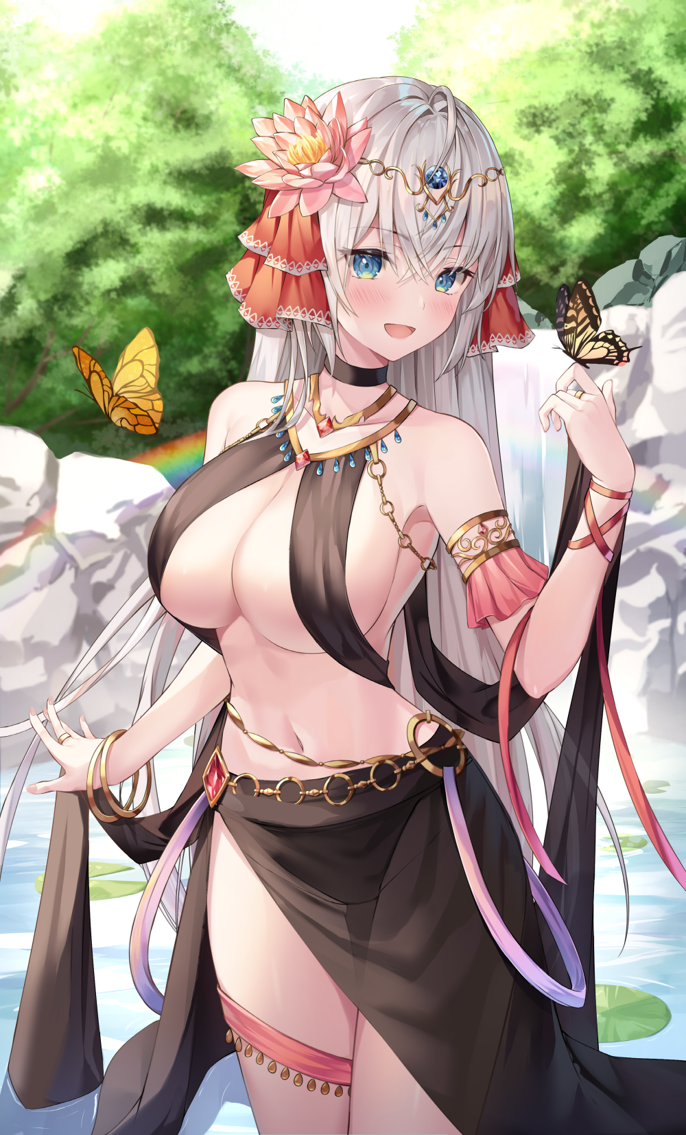 1girl ahoge armlet blue_eyes bracelet breasts bug butterfly butterfly_on_finger chain choker dancer flower gold_chain hair_flower hair_ornament hair_ribbon highres jewelry large_breasts lily_pad long_hair navel neck_ring original rainbow red_ribbon revealing_clothes ribbon ring see-through shuvi_(shuvi1125) straight_hair thigh_strap very_long_hair water waterfall white_hair