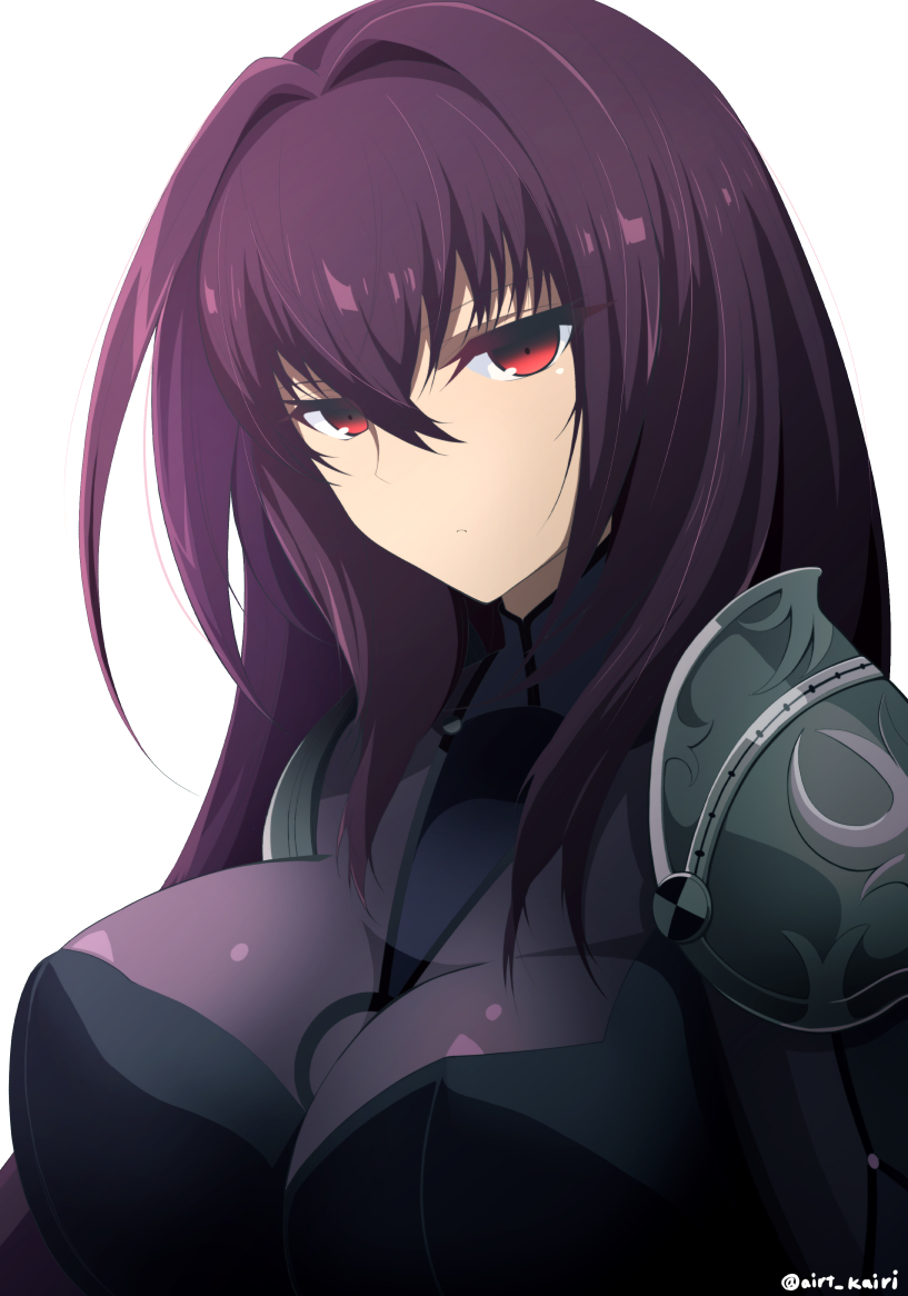 1girl armor bangs bodysuit breasts fate/grand_order fate_(series) hair_between_eyes kairi_(fotune) large_breasts long_hair looking_at_viewer pauldrons purple_bodysuit purple_hair red_eyes scathach_(fate) scathach_(fate)_(all) shoulder_armor solo