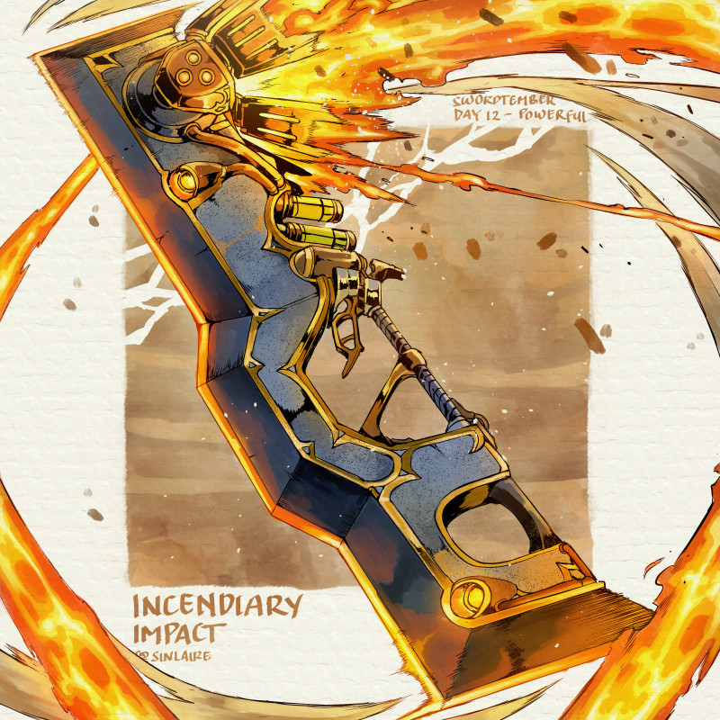 artist_name brown_background commentary english_commentary english_text explosion fantasy fire no_humans original simple_background sinlaire still_life sword weapon weapon_focus weapon_request white_background